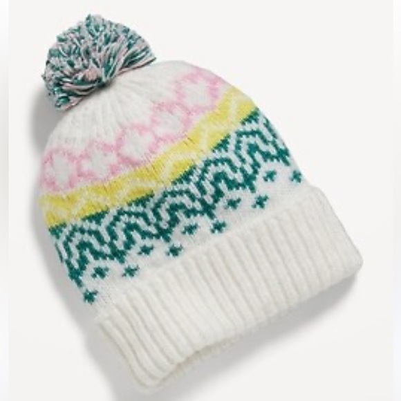 NEW nwt Old Navy Fair Isle Pom Pom Beanie Hat white cream - Picture 1 of 5